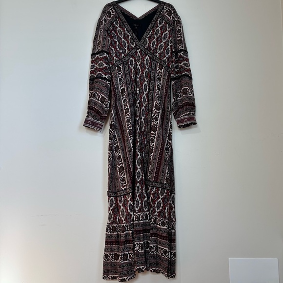 NEW Frye Boho Cottage brown paisley V-neck long sleeve pleated retro maxi dress - Picture 3 of 16